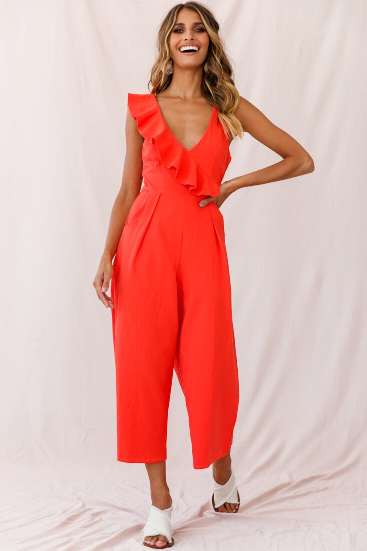 Cheryl Ruffle Strap Wide Leg Jumpsuit Tangerine-Maymioy