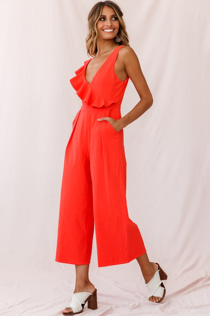 Cheryl Ruffle Strap Wide Leg Jumpsuit Tangerine-Maymioy