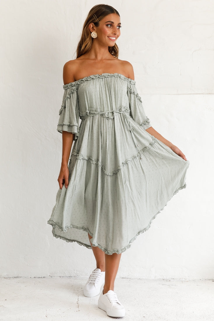 Renoir Off-Shoulder Frill Trim Midi Dress Olive-Maymioy