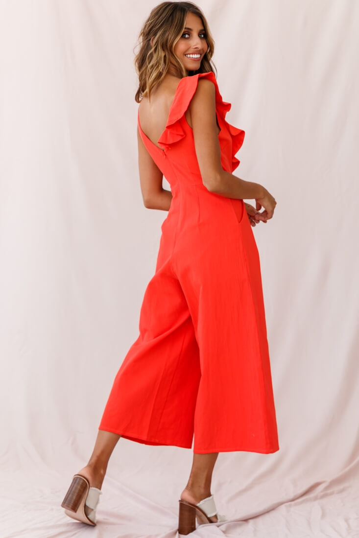 Cheryl Ruffle Strap Wide Leg Jumpsuit Tangerine-Maymioy