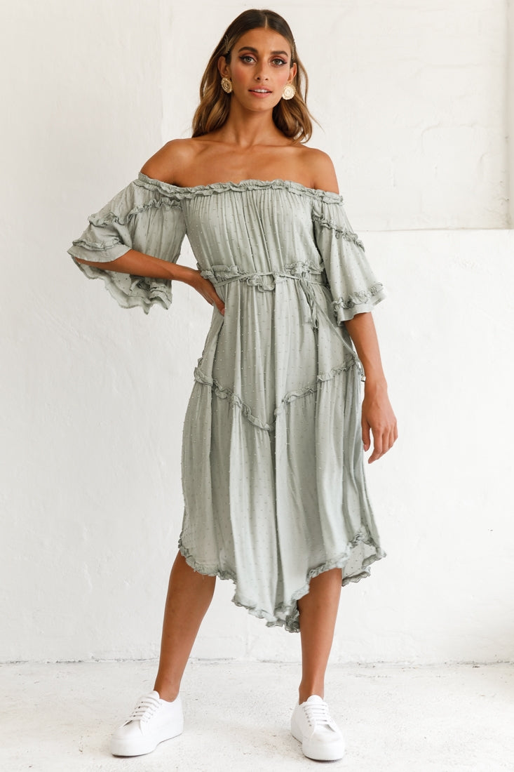 Renoir Off-Shoulder Frill Trim Midi Dress Olive-Maymioy