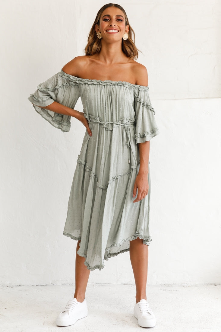 Renoir Off-Shoulder Frill Trim Midi Dress Olive-Maymioy
