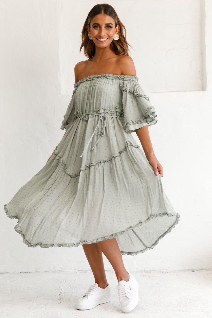Renoir Off-Shoulder Frill Trim Midi Dress Olive-Maymioy