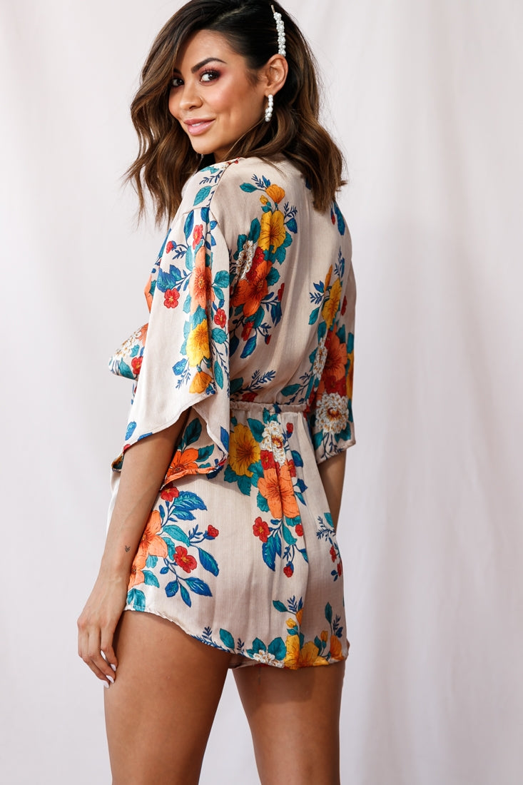 Rivera Tie-Knot Bell Sleeve Romper Mocha-Maymioy