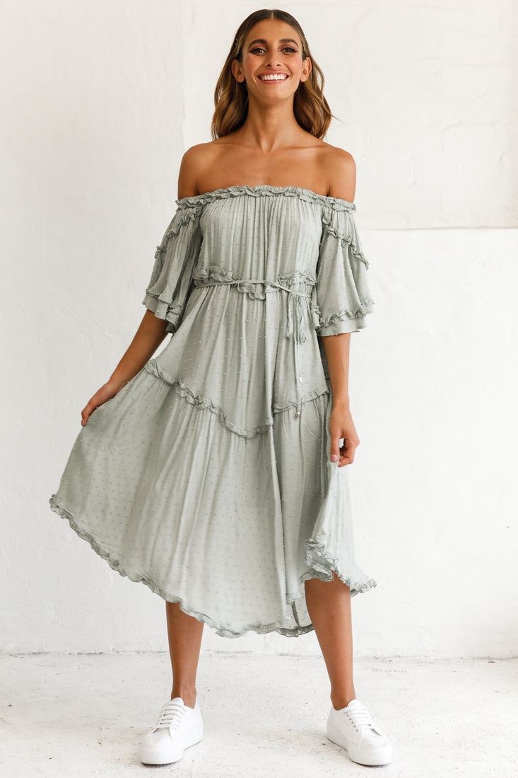 Renoir Off-Shoulder Frill Trim Midi Dress Olive-Maymioy