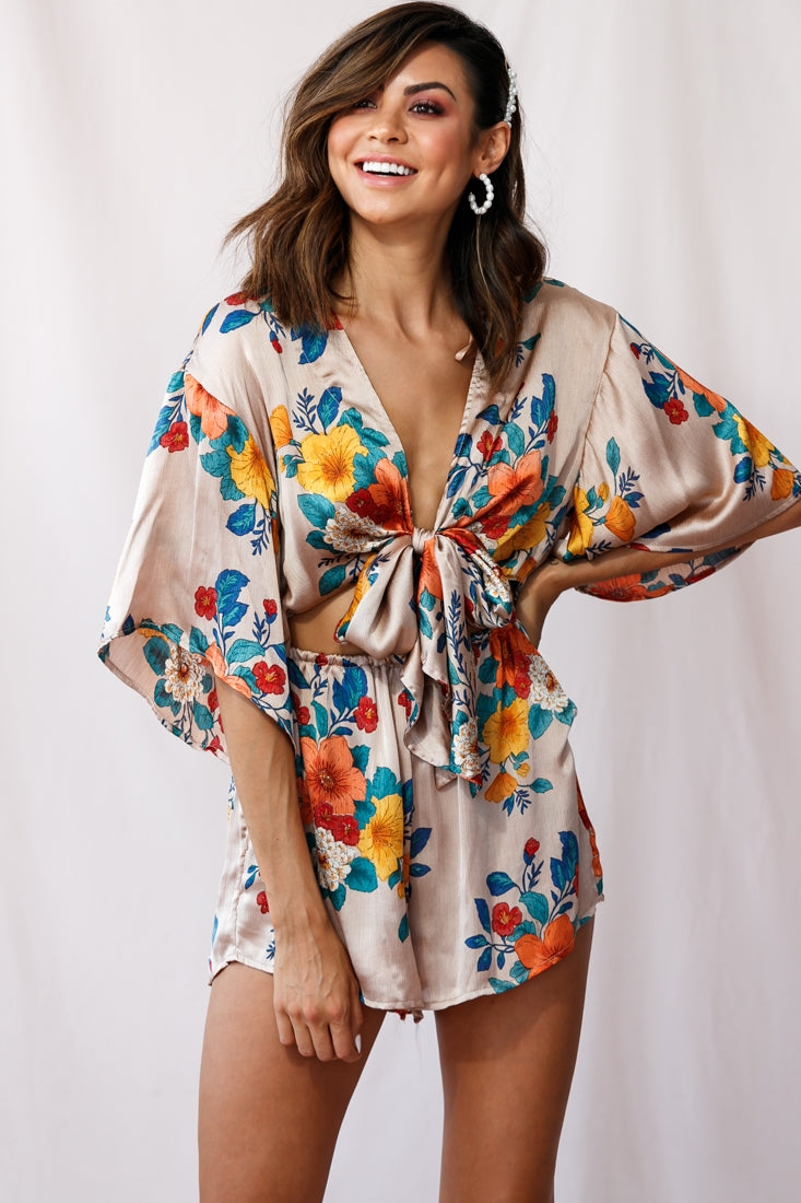 Rivera Tie-Knot Bell Sleeve Romper Mocha-Maymioy