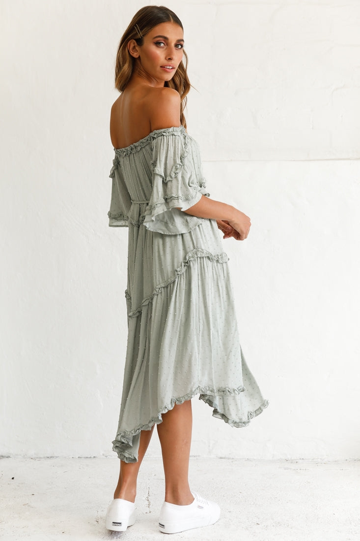 Renoir Off-Shoulder Frill Trim Midi Dress Olive-Maymioy