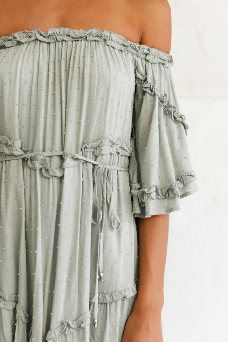 Renoir Off-Shoulder Frill Trim Midi Dress Olive-Maymioy
