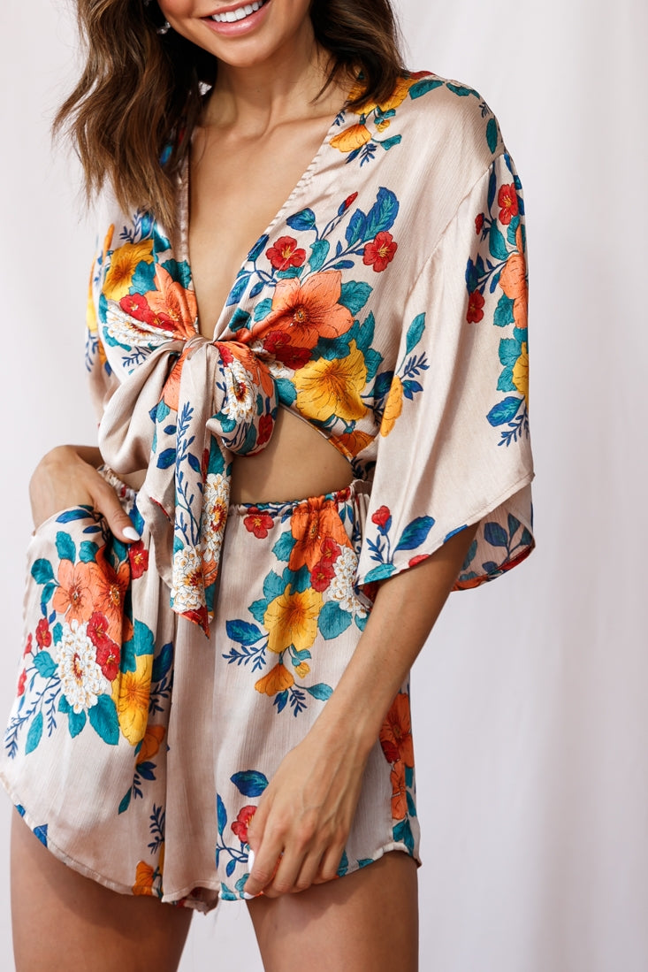 Rivera Tie-Knot Bell Sleeve Romper Mocha-Maymioy