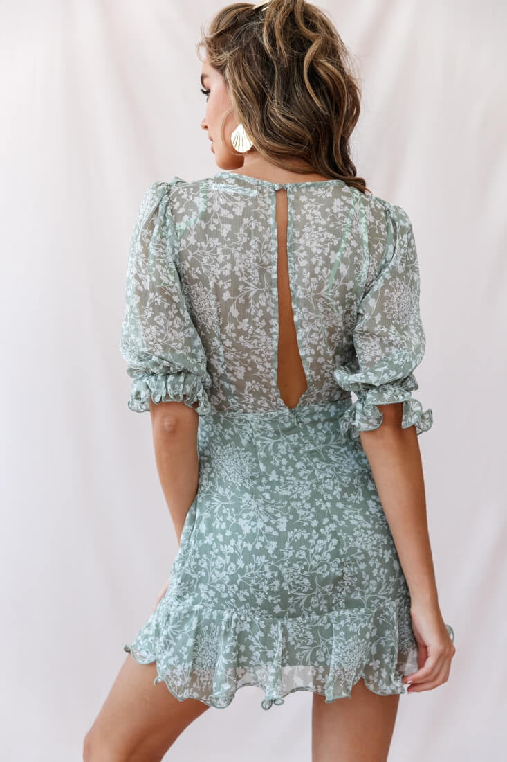 Misty Half Puff Sleeve Ruffle Detail Dress Olive-Maymioy