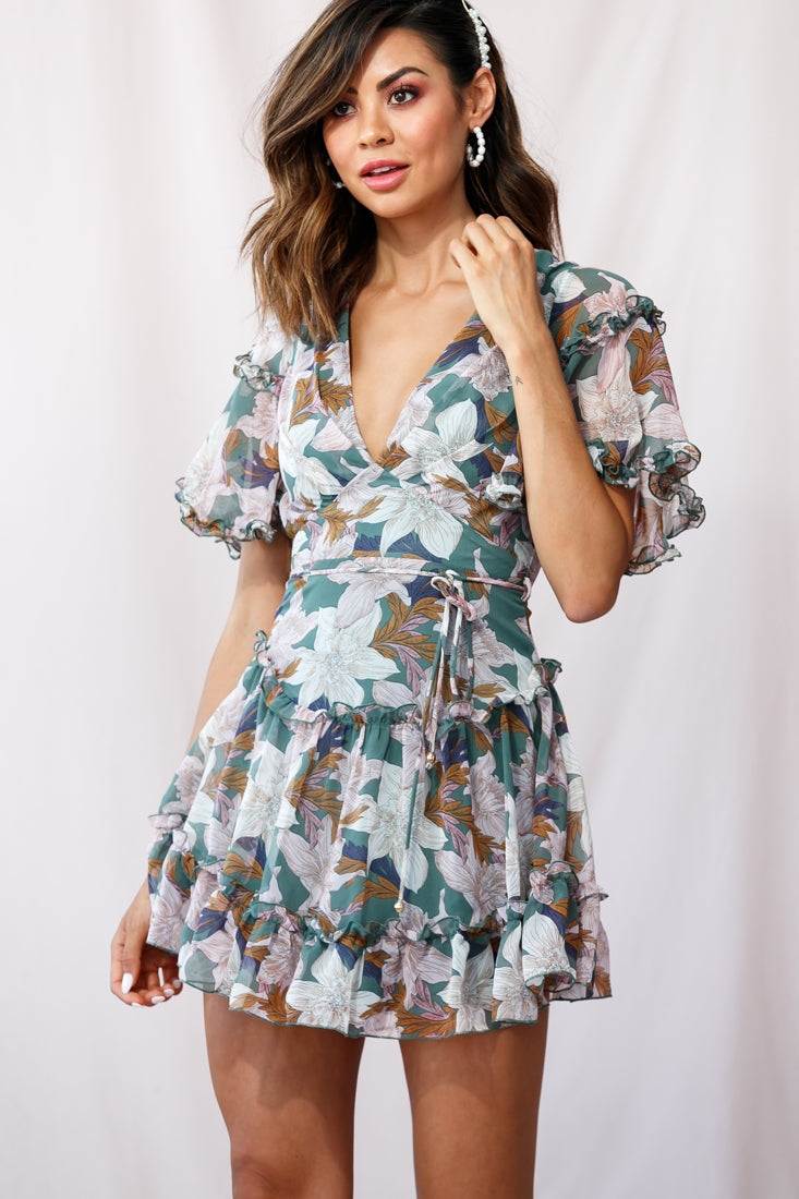 Psalm Angel Sleeve Frill Dress Olive-Maymioy