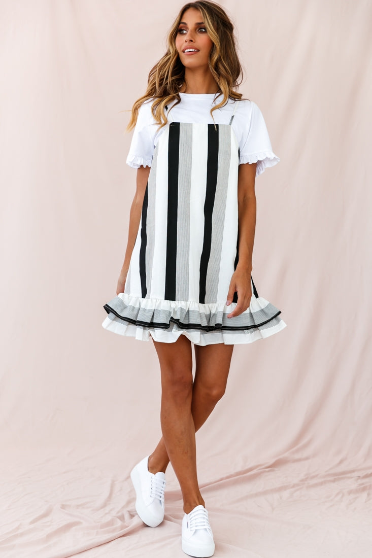 Daley Double-Frill Hem Shift Dress Stripe Print Black-Maymioy