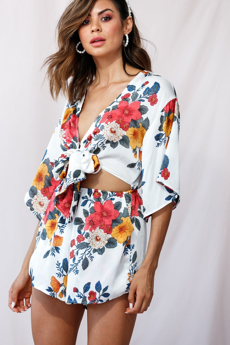 Rivera Tie-Knot Bell Sleeve Romper White-Maymioy