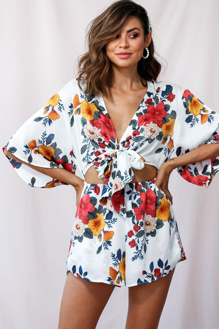 Rivera Tie-Knot Bell Sleeve Romper White-Maymioy