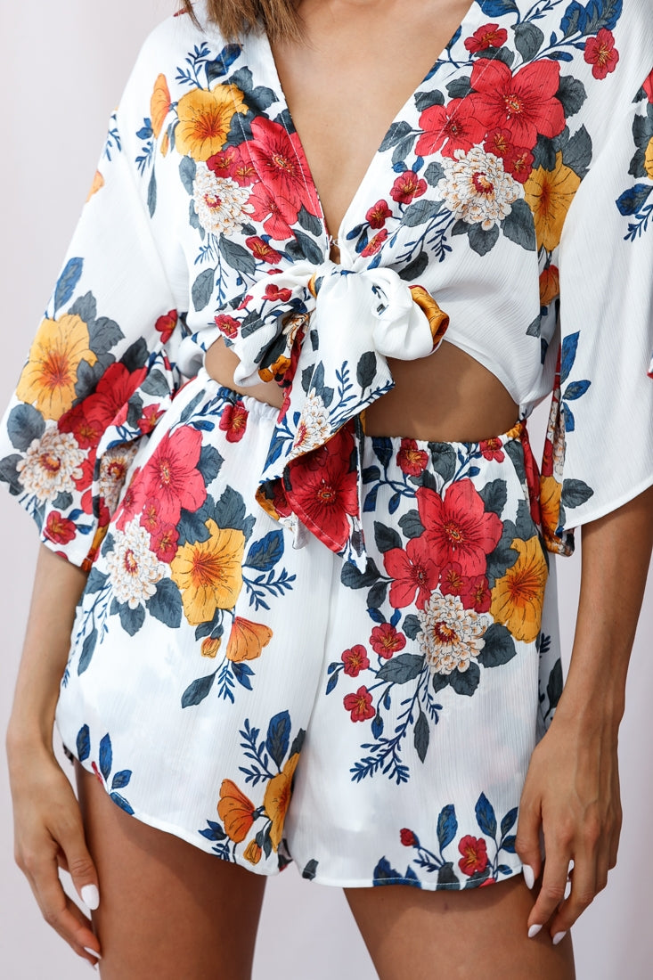 Rivera Tie-Knot Bell Sleeve Romper White-Maymioy
