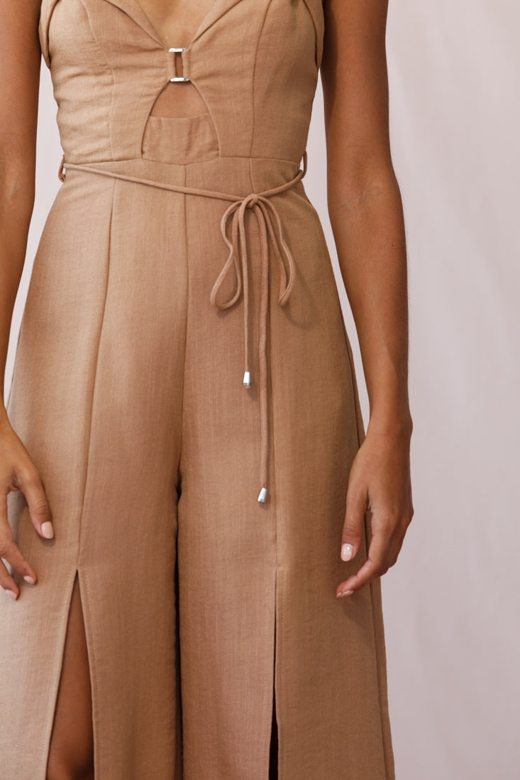 Charlie Structured Wide Leg Jumpsuit Tan-Maymioy