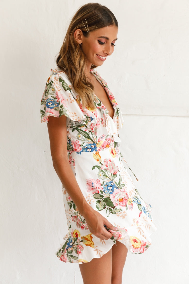 Love Story Angel Sleeve Wrap Dress Floral Print White-Maymioy