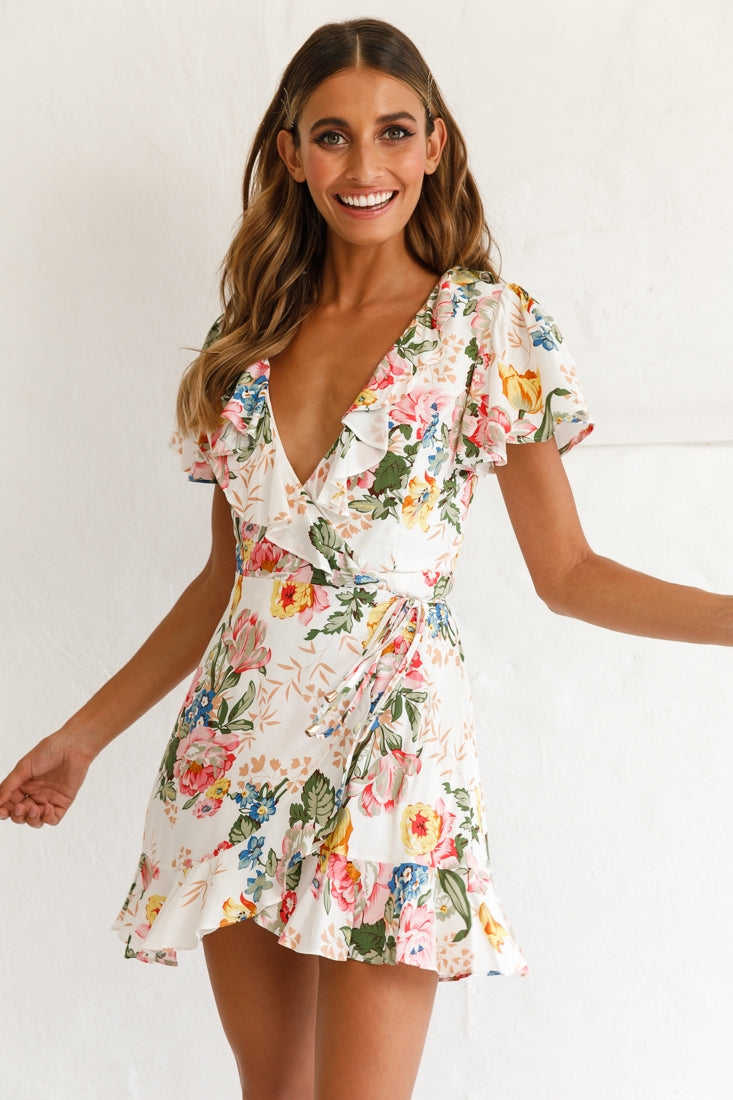 Love Story Angel Sleeve Wrap Dress Floral Print White-Maymioy