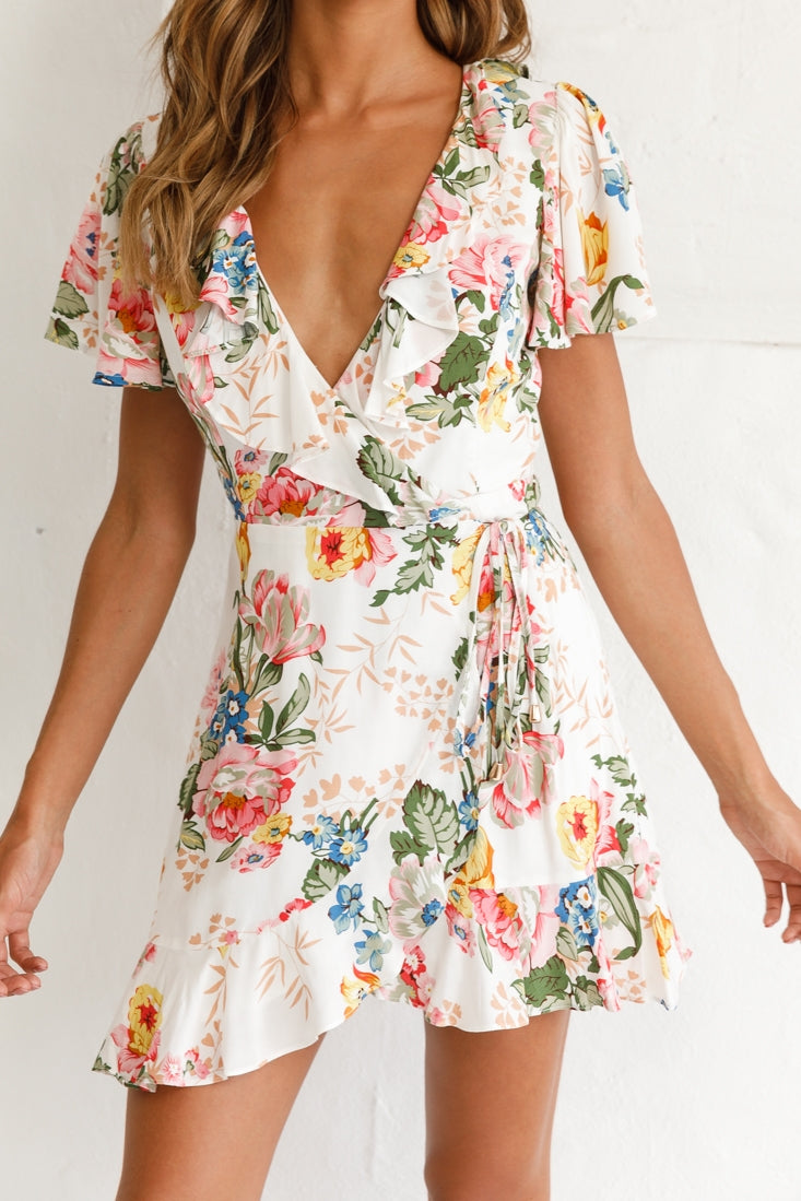 Love Story Angel Sleeve Wrap Dress Floral Print White-Maymioy
