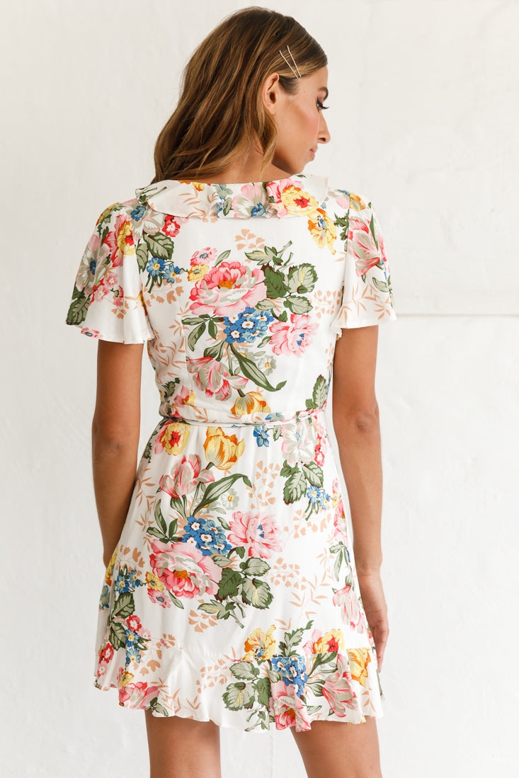 Love Story Angel Sleeve Wrap Dress Floral Print White-Maymioy