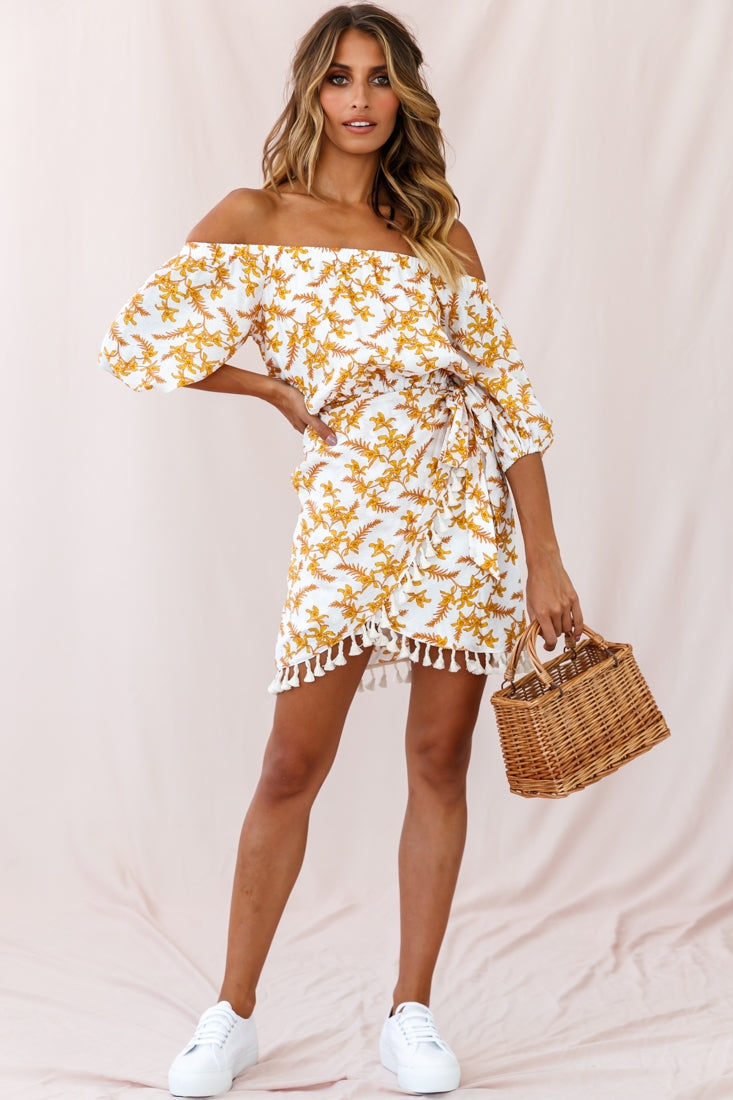 Cayman Tassel Trim Wrap Dress White/Yellow-Maymioy