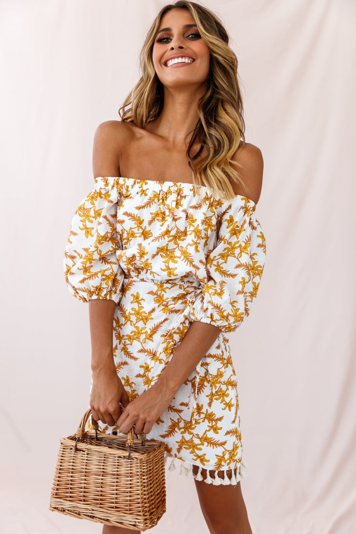 Cayman Tassel Trim Wrap Dress White/Yellow-Maymioy