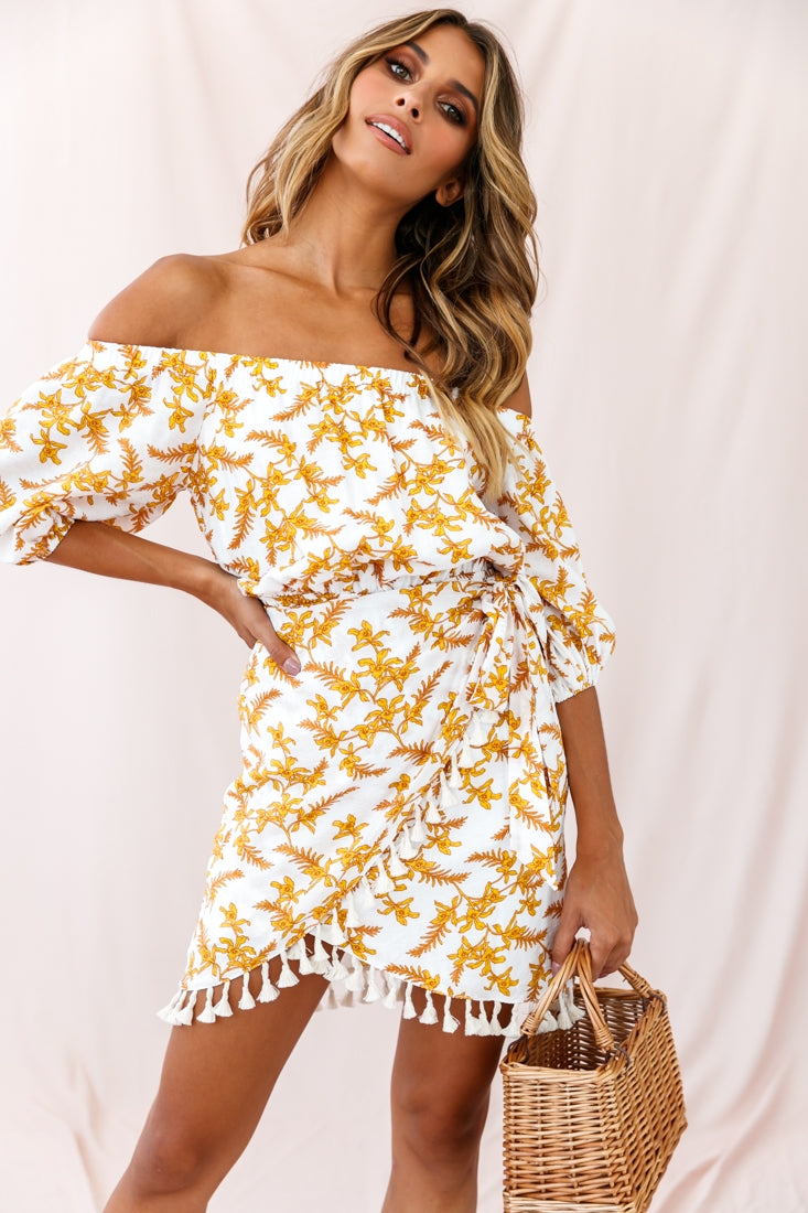 Cayman Tassel Trim Wrap Dress White/Yellow-Maymioy