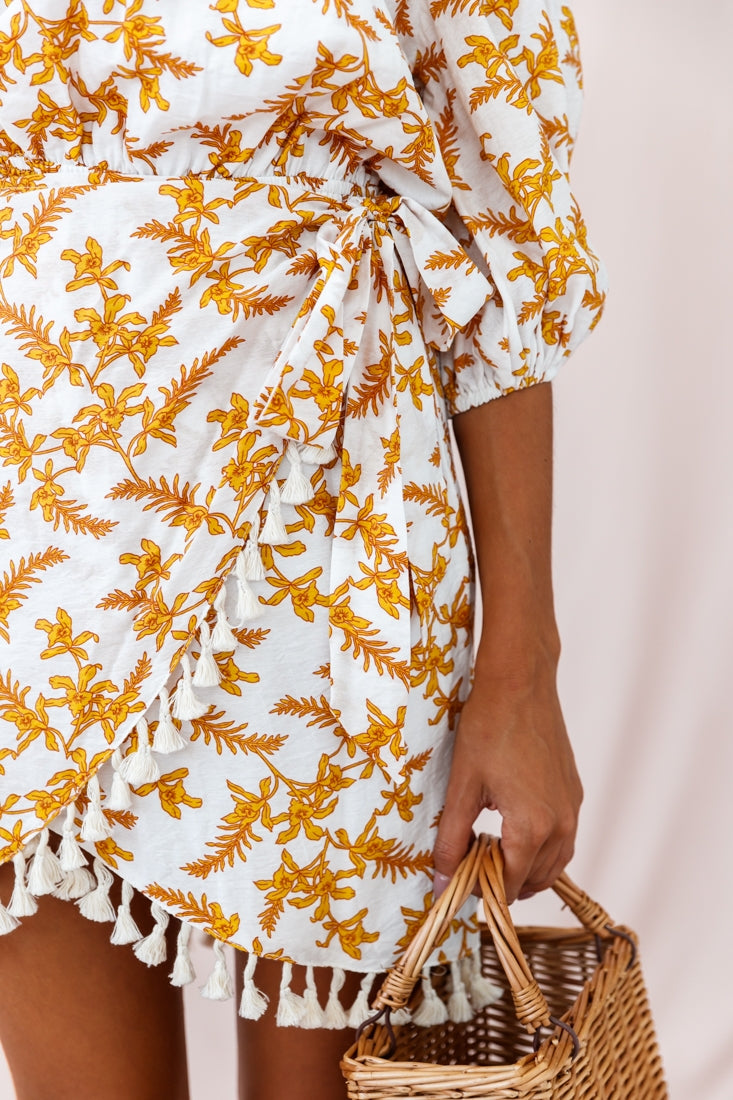 Cayman Tassel Trim Wrap Dress White/Yellow-Maymioy