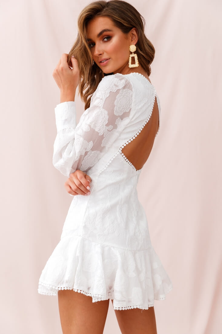 Camellia Open Back Cuff Sleeve Dress White-Maymioy