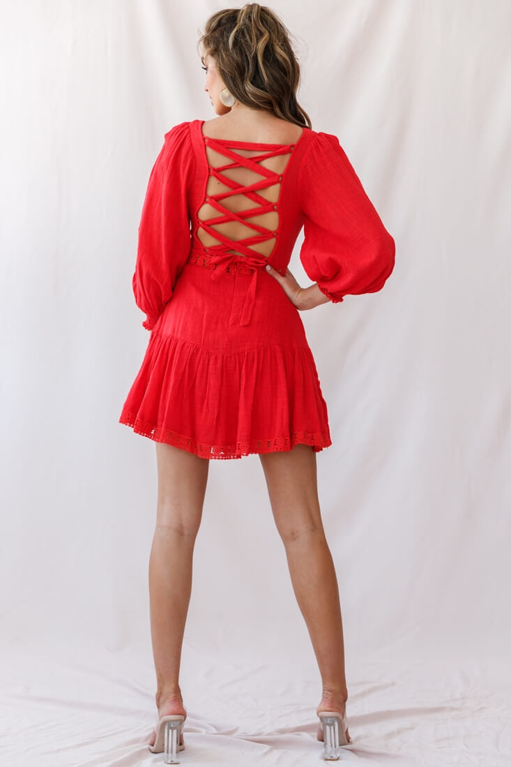 Sweetheart Corset-Back Lantern Sleeve Dress Red-Maymioy