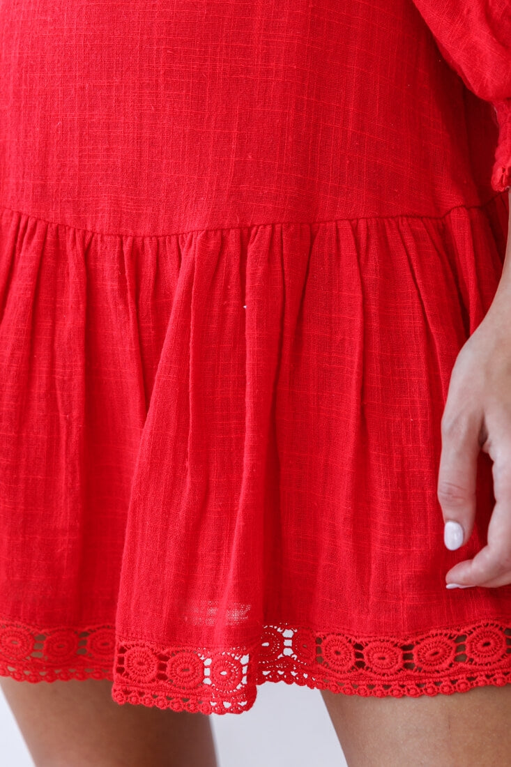 Sweetheart Corset-Back Lantern Sleeve Dress Red-Maymioy