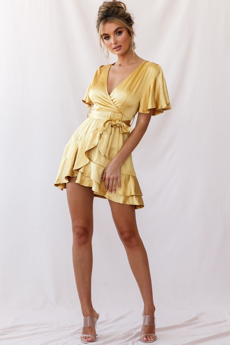 Cami Angel Sleeve Faux Wrap Dress Mustard-Maymioy