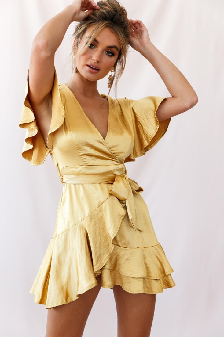 Cami Angel Sleeve Faux Wrap Dress Mustard-Maymioy