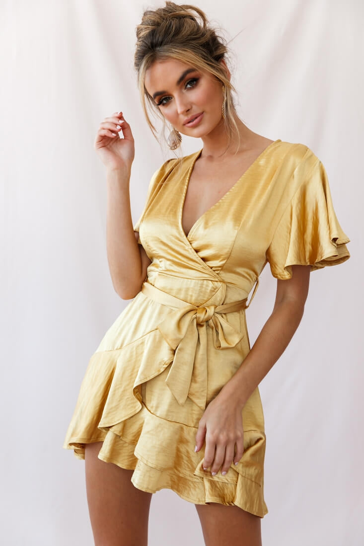 Cami Angel Sleeve Faux Wrap Dress Mustard-Maymioy