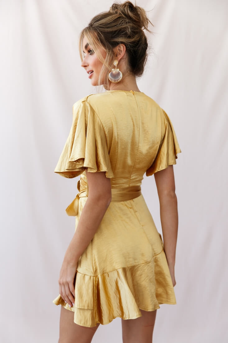 Cami Angel Sleeve Faux Wrap Dress Mustard-Maymioy