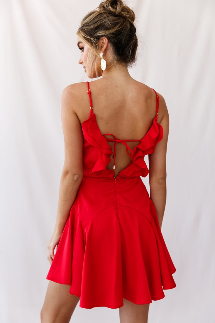 Valley Ruffle Tie-Up Back Dress Red-Maymioy