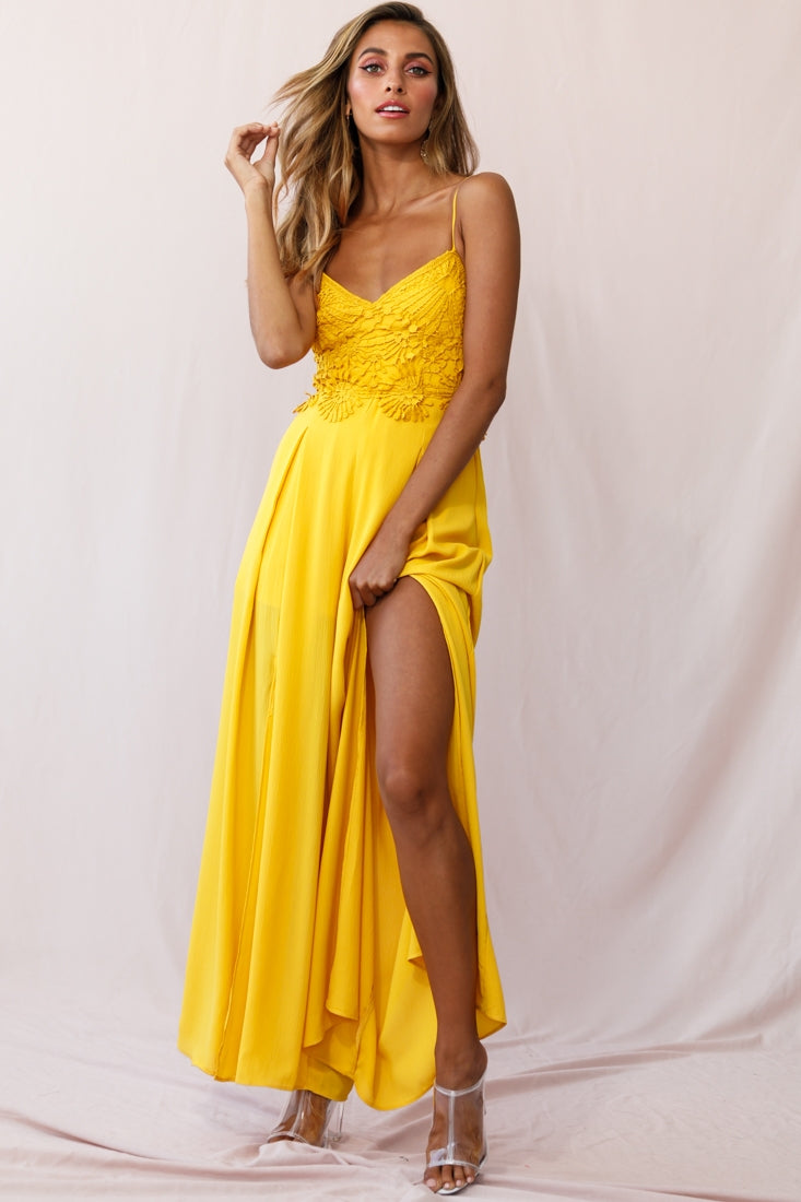 Ada Applique Embroidery Bust Wide Leg Jumpsuit Mustard-Maymioy