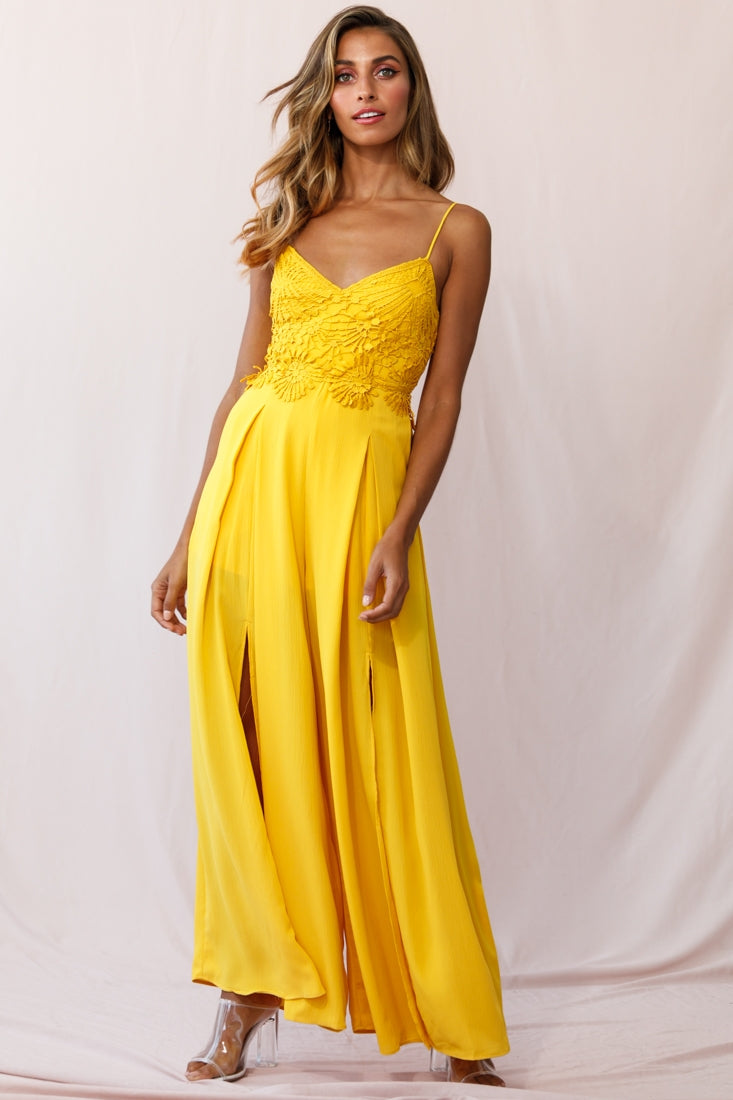 Ada Applique Embroidery Bust Wide Leg Jumpsuit Mustard-Maymioy