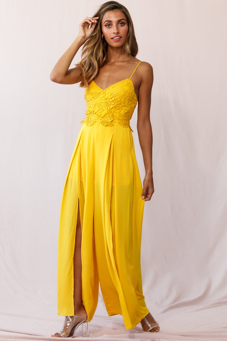 Ada Applique Embroidery Bust Wide Leg Jumpsuit Mustard-Maymioy