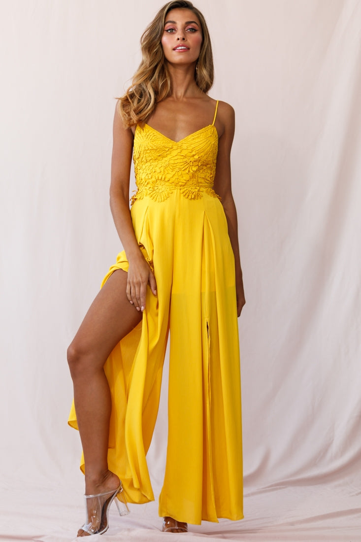 Ada Applique Embroidery Bust Wide Leg Jumpsuit Mustard-Maymioy