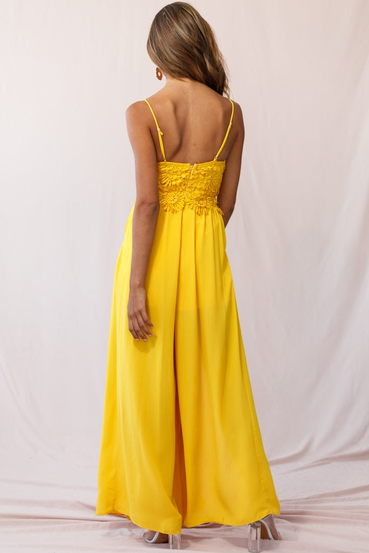 Ada Applique Embroidery Bust Wide Leg Jumpsuit Mustard-Maymioy