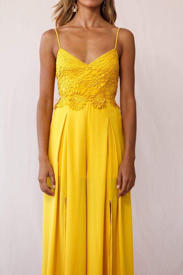 Ada Applique Embroidery Bust Wide Leg Jumpsuit Mustard-Maymioy