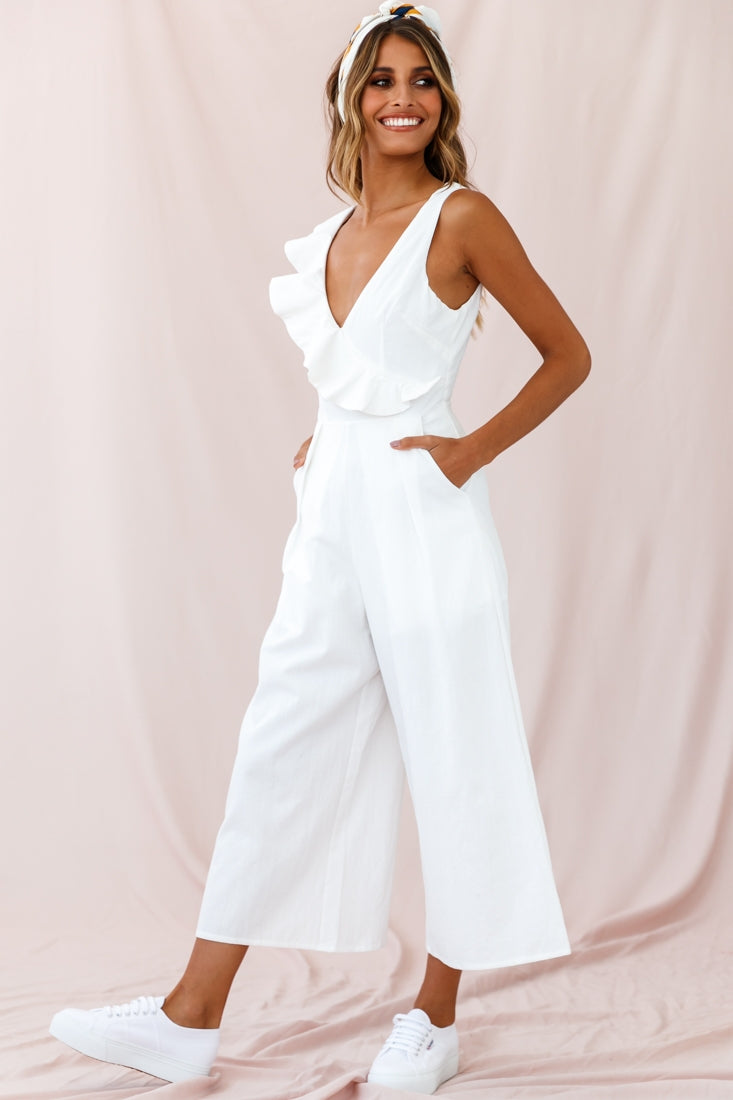 Cheryl Ruffle Strap Wide Leg Jumpsuit White-Maymioy