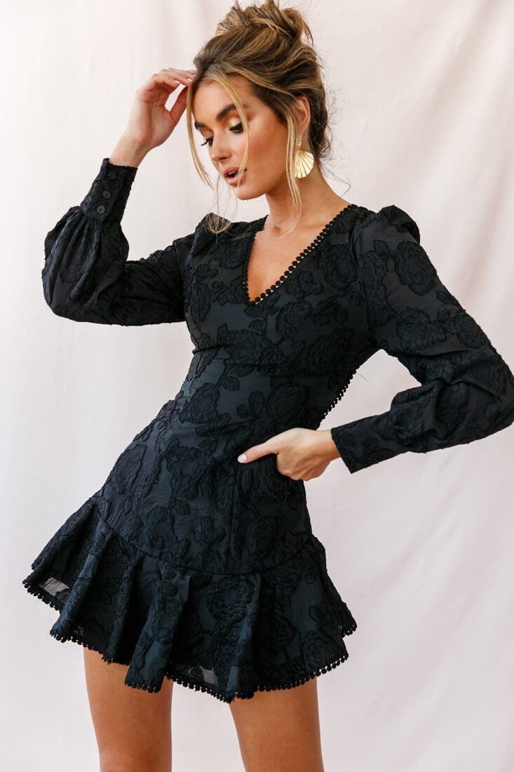Camellia Open Back Cuff Sleeve Dress Black-Maymioy