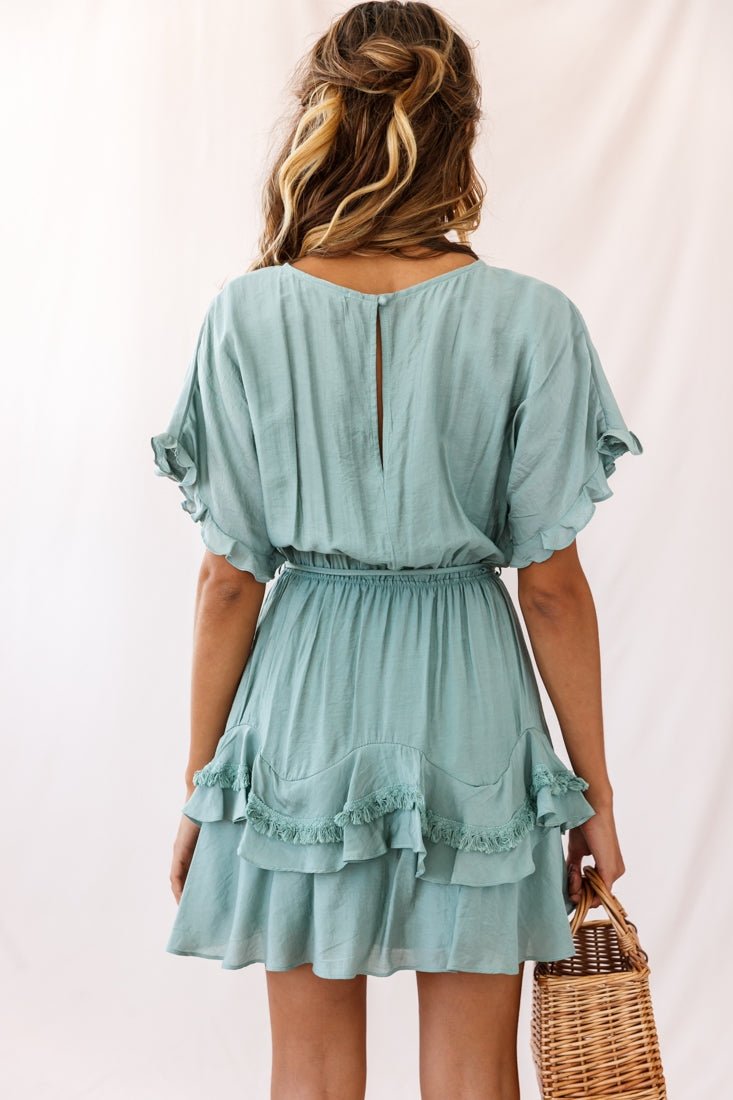 Mollina Frill Sleeve Tassel Hem Dress Olive-Maymioy