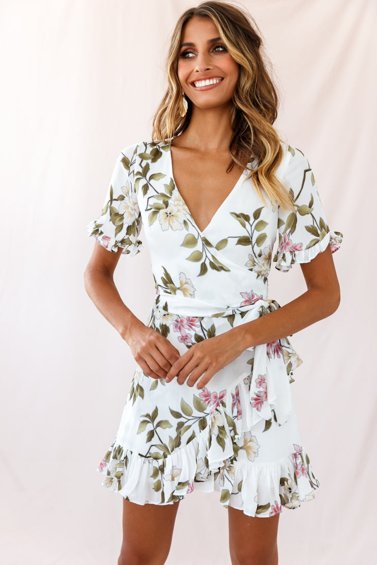 Omara Floral Wrap Ruffle Trim Dress White-Maymioy