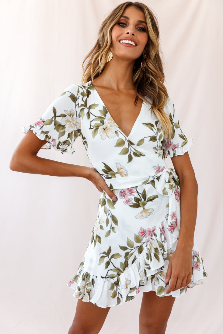 Omara Floral Wrap Ruffle Trim Dress White-Maymioy