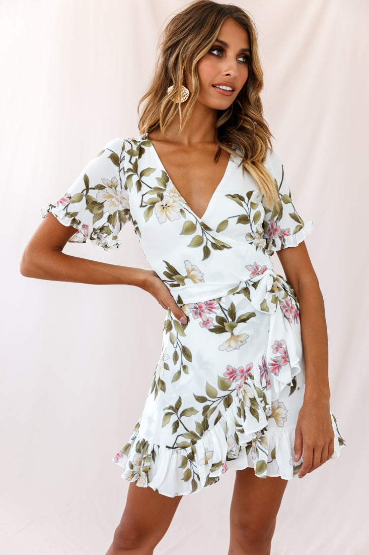 Omara Floral Wrap Ruffle Trim Dress White-Maymioy