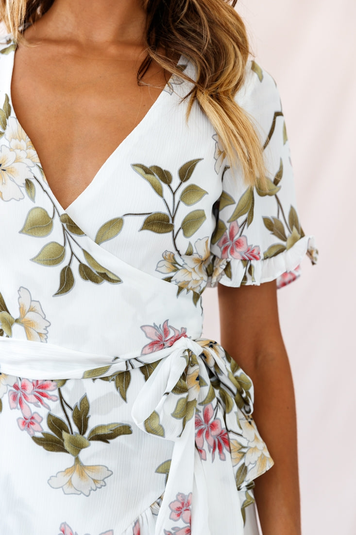 Omara Floral Wrap Ruffle Trim Dress White-Maymioy