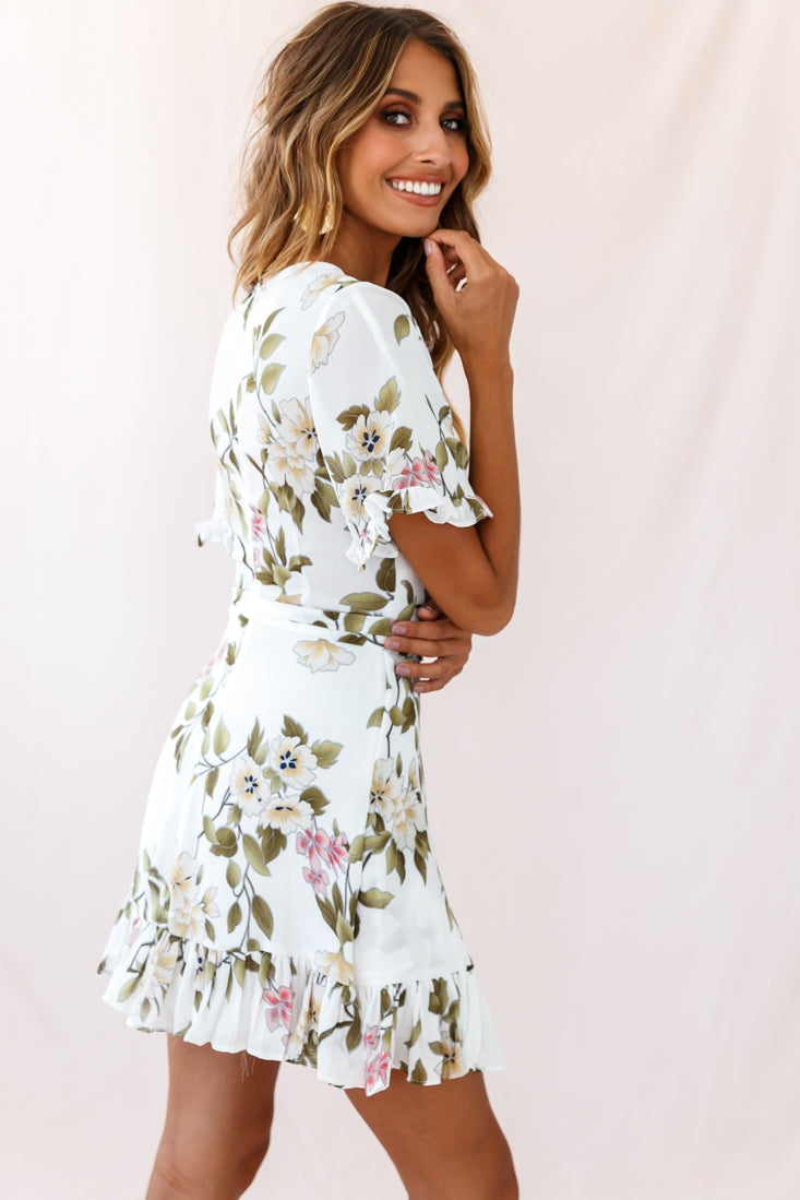 Omara Floral Wrap Ruffle Trim Dress White-Maymioy